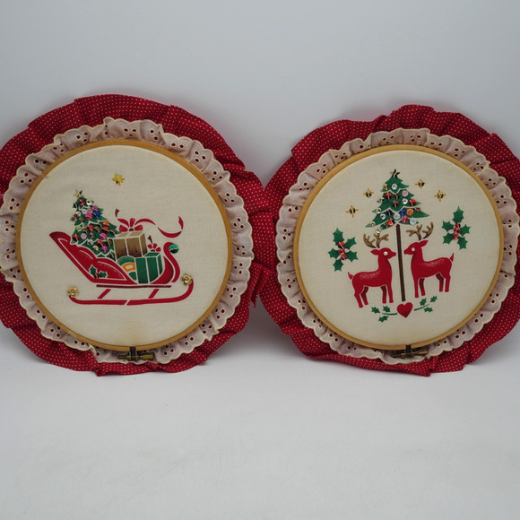 Other - 2 Vintage Christmas Embroidery Hoop Stamped Fabric Country Christmas Decor